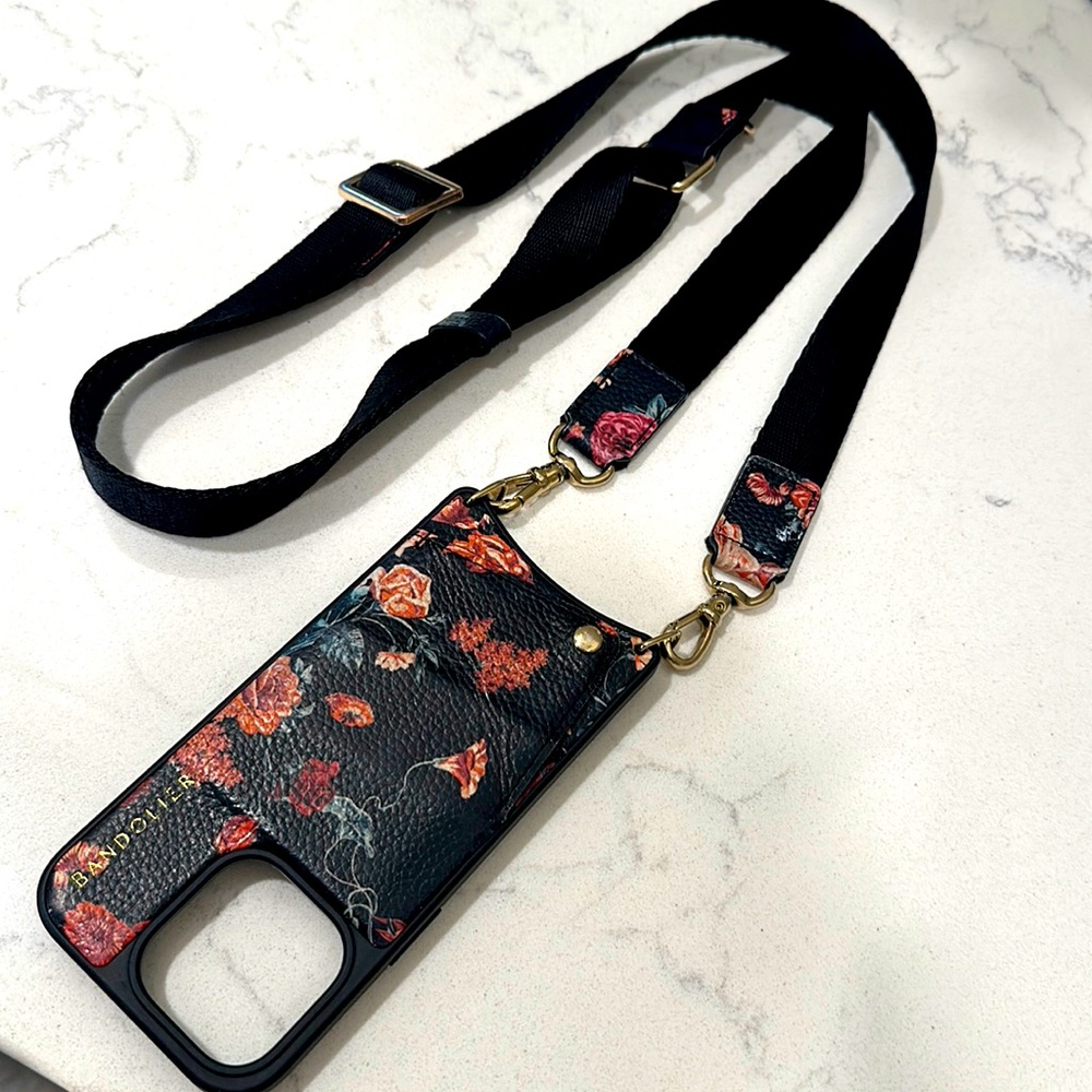 Floral Crossbody Bandolier in Black Floral/Gold for Iphone 14Pro